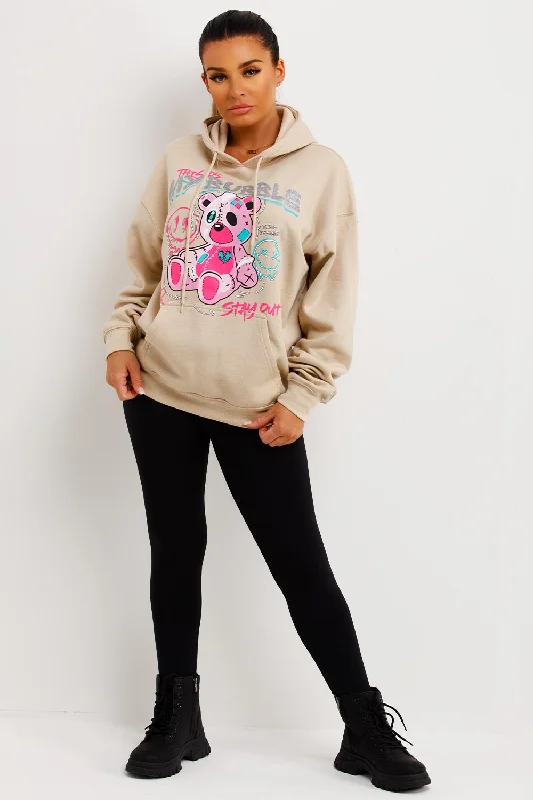 Beige Oversized Hoodie With Teddy Bear Bubble Graphics