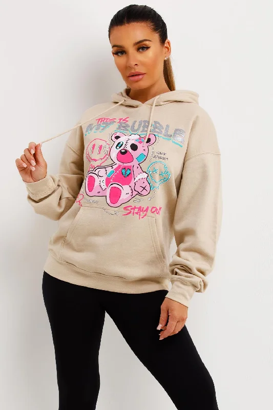 Beige Oversized Hoodie With Teddy Bear Bubble Graphics