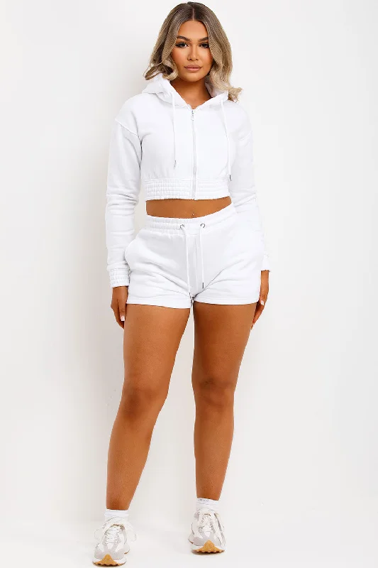 Crop Zip Hoodie And Shorts Tracksuit Set White