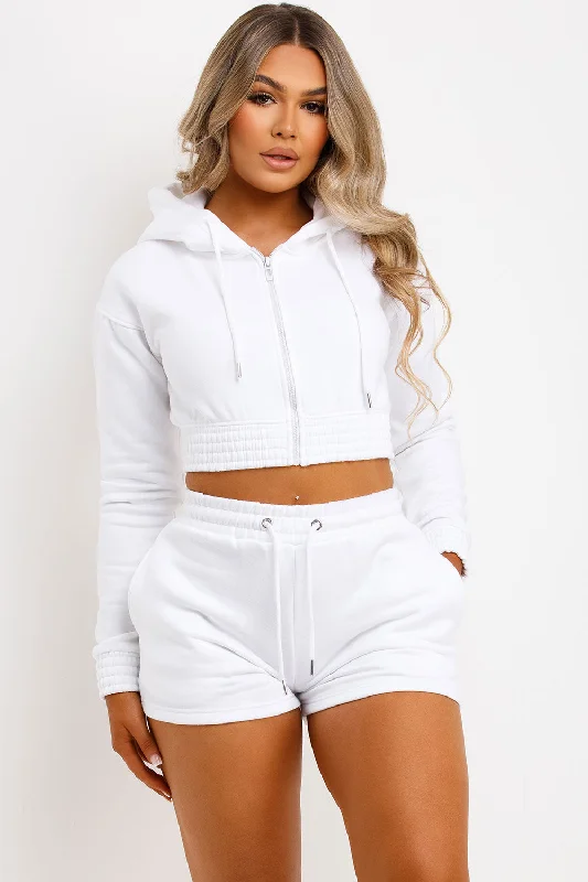 Crop Zip Hoodie And Shorts Tracksuit Set White