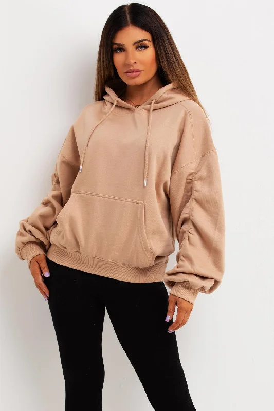 Hoodie With Ruched Sleeves Beige