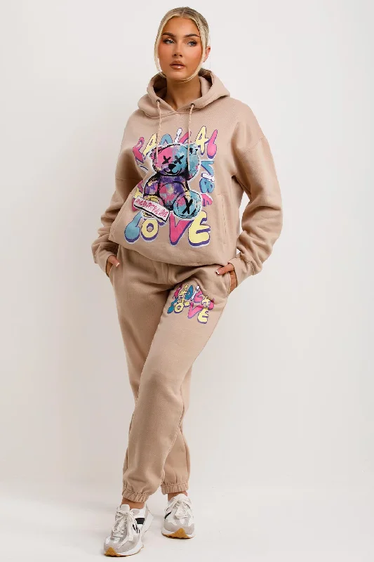 Tracksuit Hoodie Joggers Set With Radical Graphic Print Beige