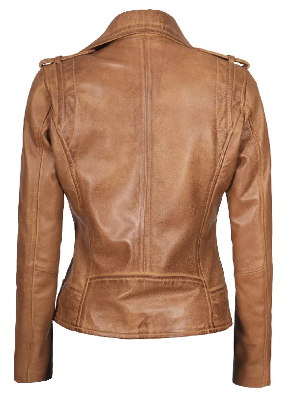 Kirsten Womens Asymmetrical Camel Brown Leather Jacket