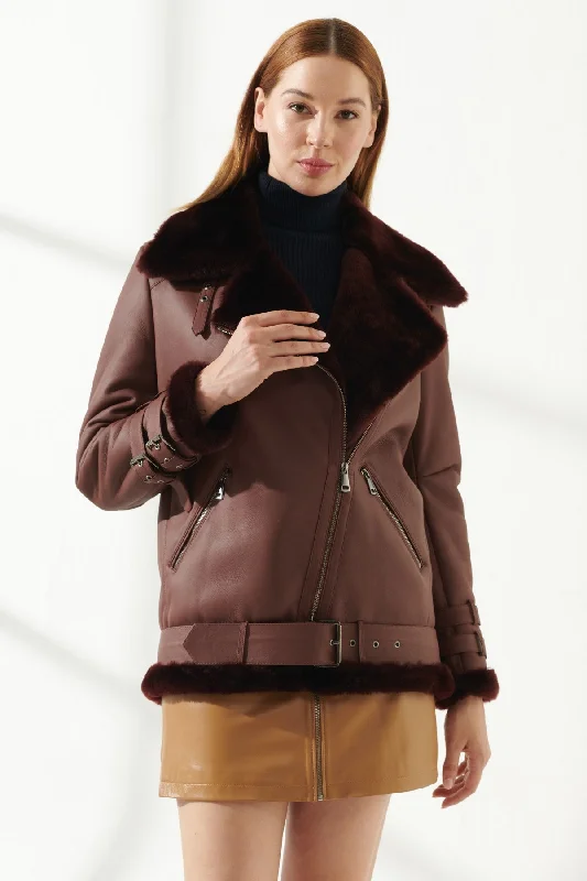 Women's Maroon Oversized Shearling Leather Jacket